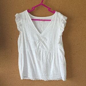 Ultra Pink White Eyelet Lace Scallop Hem Cotton Blouse Top L